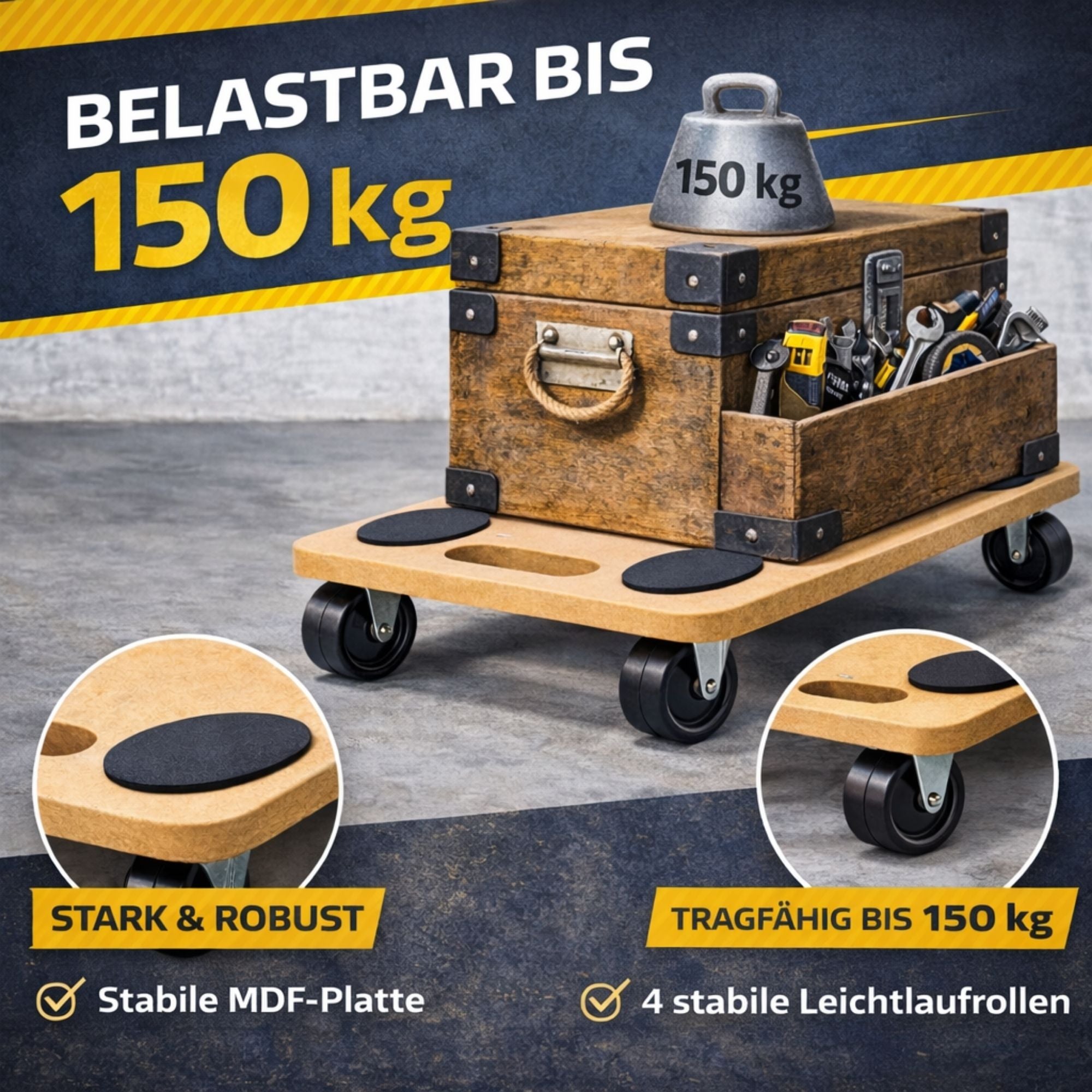 Transportroller 45×26 cm bis 150 kg – Möbelroller Rollbrett mit 4 Lenkrollen & Anti-Rutsch-Pads – Transporthilfe für Möbel, Umzug & Werkstatt
