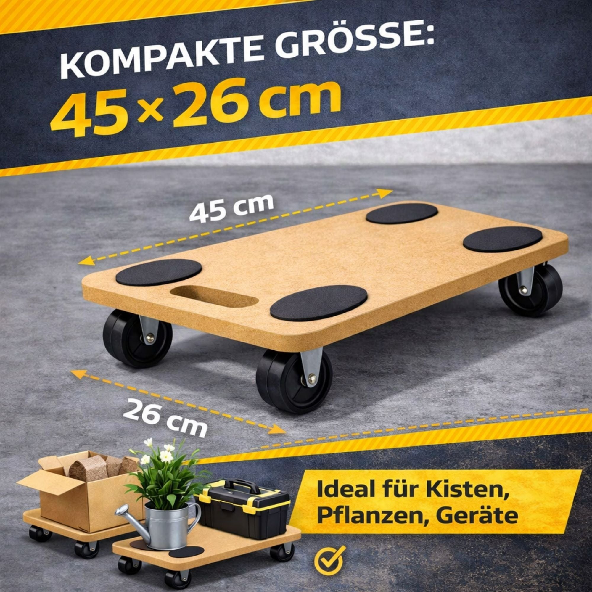Transportroller 45×26 cm bis 150 kg – Möbelroller Rollbrett mit 4 Lenkrollen & Anti-Rutsch-Pads – Transporthilfe für Möbel, Umzug & Werkstatt