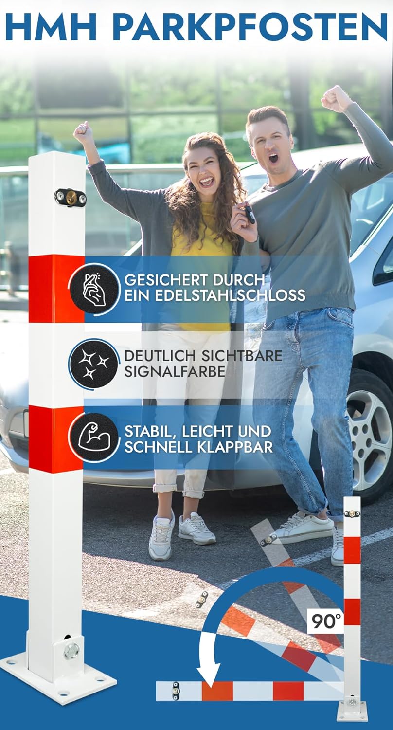 Klappbarer Parkpfosten 65 cm – Parkplatzsperre mit Schloss & 3 Schlüsseln – Absperrpfosten für Parkplatz, Einfahrt & Stellplatz