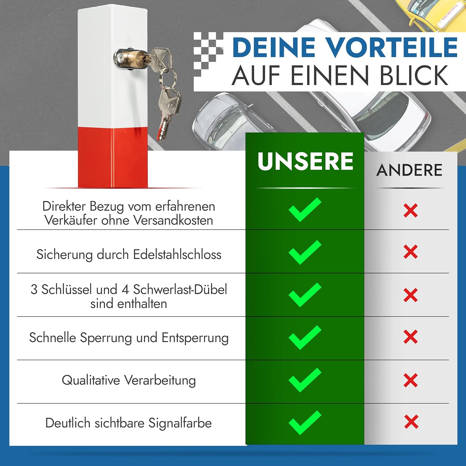 Klappbarer Parkpfosten 65 cm – Parkplatzsperre mit Schloss & 3 Schlüsseln – Absperrpfosten für Parkplatz, Einfahrt & Stellplatz
