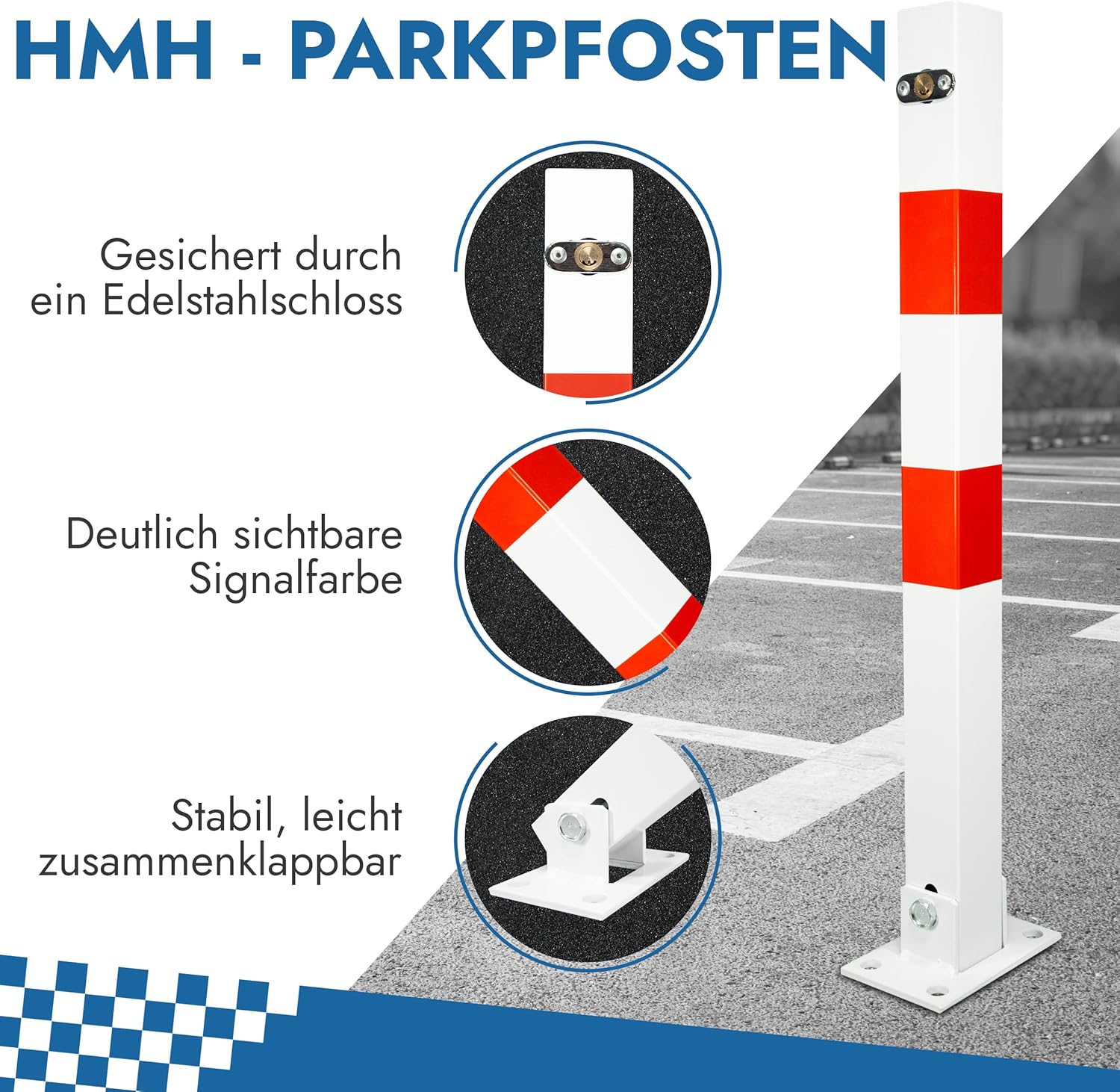 Klappbarer Parkpfosten 65 cm – Parkplatzsperre mit Schloss & 3 Schlüsseln – Absperrpfosten für Parkplatz, Einfahrt & Stellplatz
