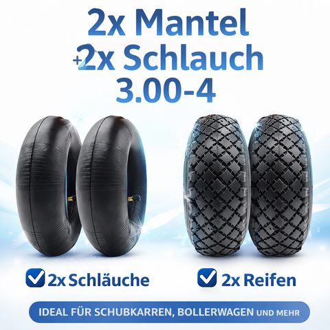 2x Reifen + 2x Schlauch 3.00-4 (260x85mm) Set – Ersatzreifen mit Winkelventil für Schubkarre, Sackkarre & Bollerwagen – Tragkraft bis 120 kg