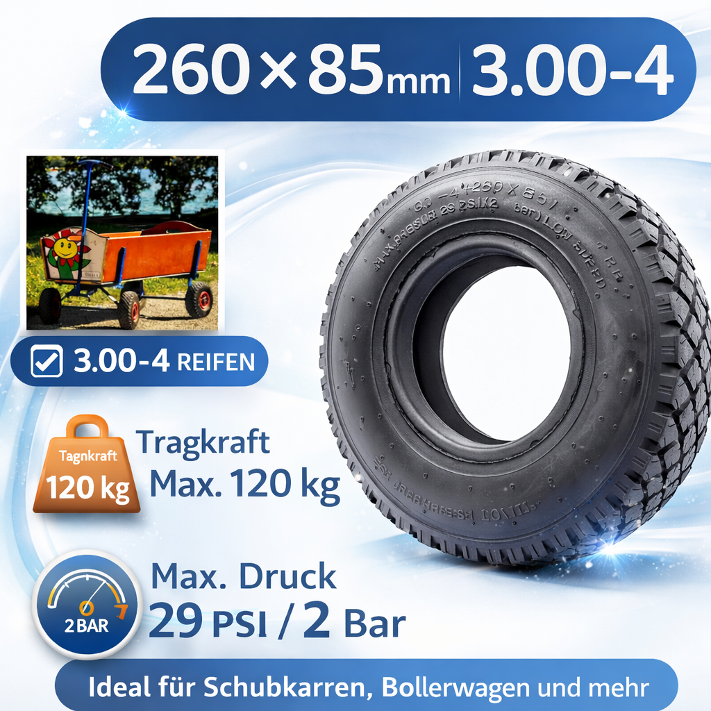 2x Reifen + 2x Schlauch 3.00-4 (260x85mm) Set – Ersatzreifen mit Winkelventil für Schubkarre, Sackkarre & Bollerwagen – Tragkraft bis 120 kg
