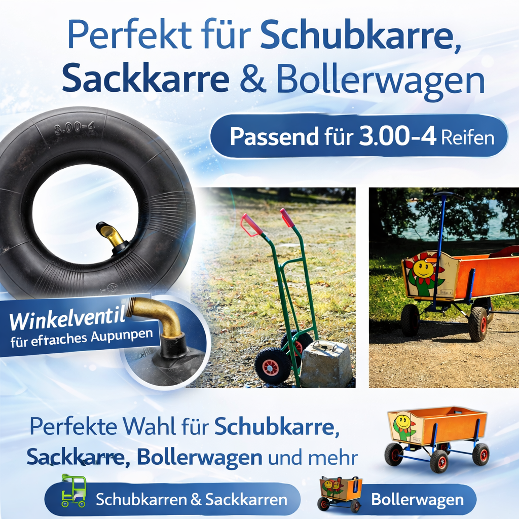 2x Reifen + 2x Schlauch 3.00-4 (260x85mm) Set – Ersatzreifen mit Winkelventil für Schubkarre, Sackkarre & Bollerwagen – Tragkraft bis 120 kg