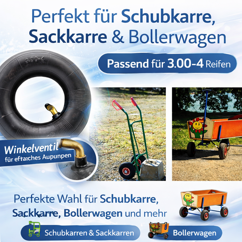 2x Reifen + 2x Schlauch 3.00-4 (260x85mm) Set – Ersatzreifen mit Winkelventil für Schubkarre, Sackkarre & Bollerwagen – Tragkraft bis 120 kg