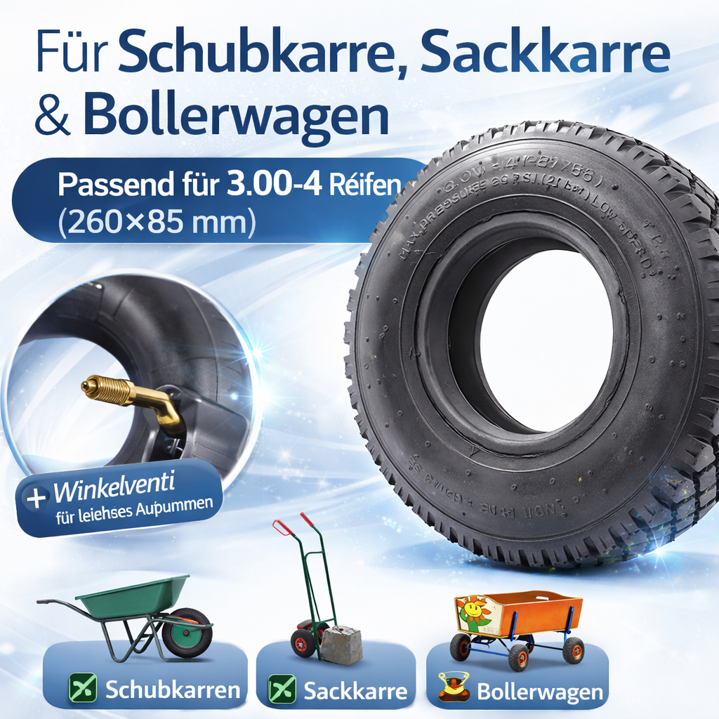 2x Reifen + 2x Schlauch 3.00-4 (260x85mm) Set – Ersatzreifen mit Winkelventil für Schubkarre, Sackkarre & Bollerwagen – Tragkraft bis 120 kg